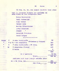 Documento de pago, a cargo de Samuel Sequera, representante del American Joint Distribution Comittee, de la factura de la estancia de refugiados judíos en el Hotel Pessets de Sort. Año 1944. (Familia Aytés).
